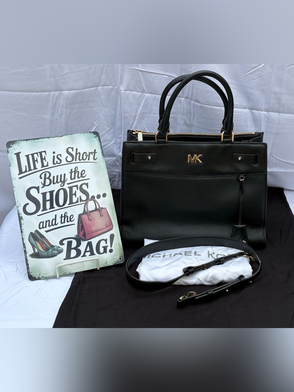 Michael Kors Black Reagan Leather Structured Handbag with Gold MK Logo